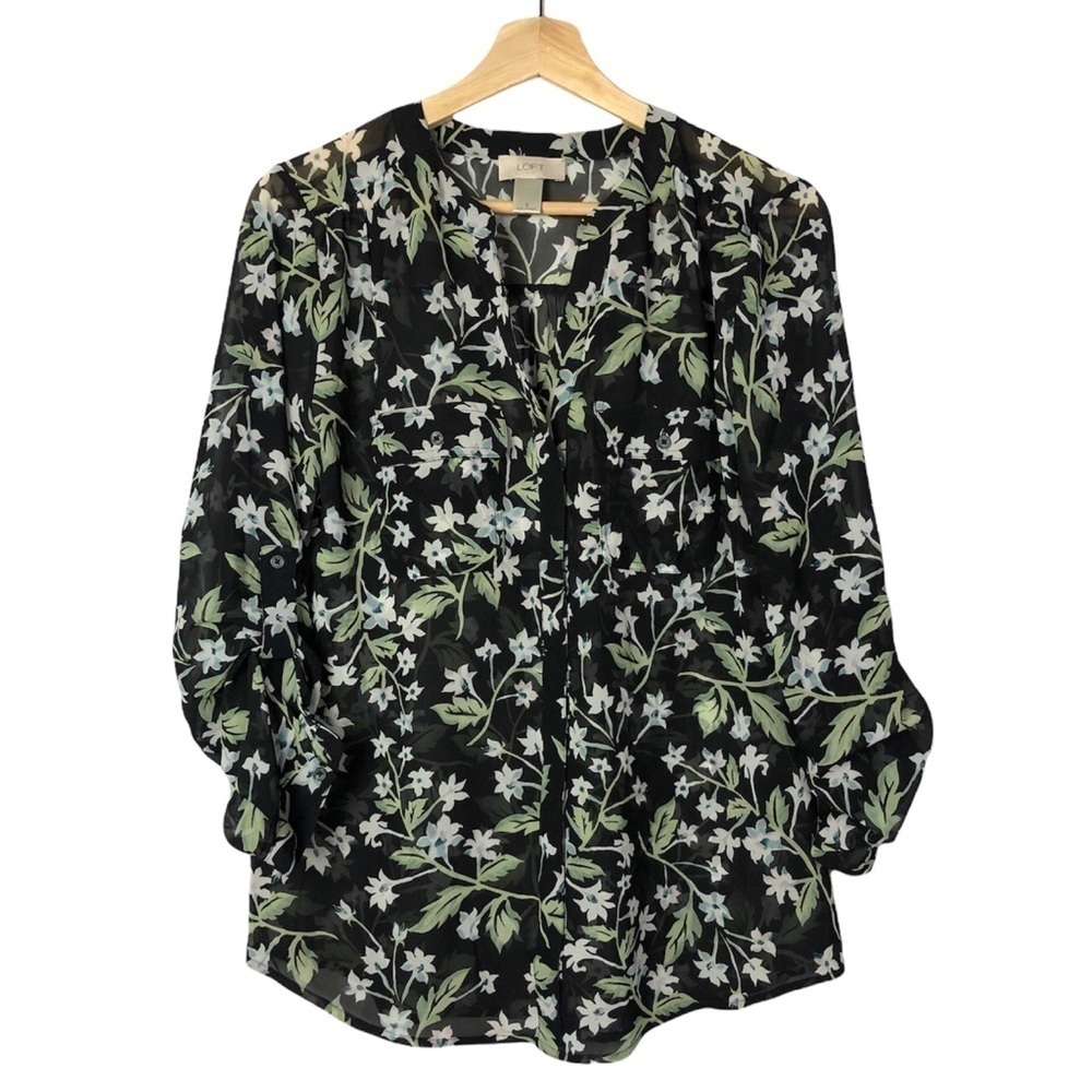 LOFT Black Floral Semi Sheer Long Sleeve Blouse S